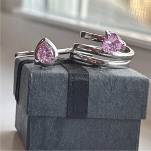 2 Piece White Gold Plated Pink Heart CZ Ring Set | Romantic Boho | Adjustable
